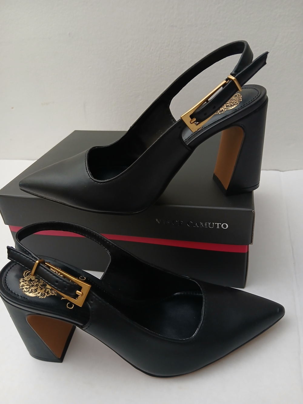 Vince Camuto Black Leather Pointed Slingback Pumps with Gold Buckles - Picture 2 of 11